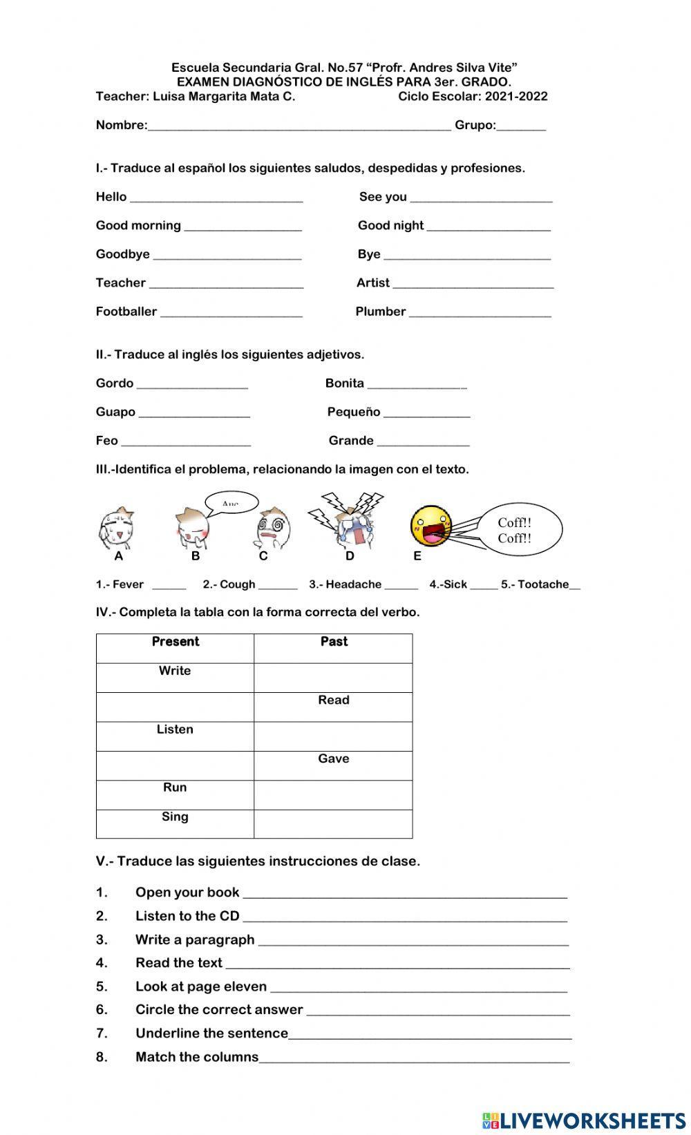 Examen Diagnostico para 3er grado de Secundaria