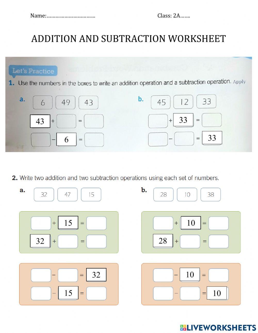 Addtition and Subtraction Worksheet
