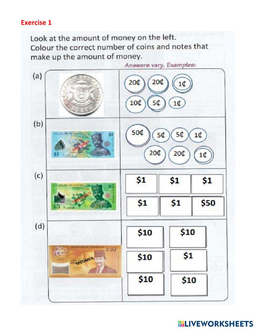 Colour the correct number of coins and notes that make up that money