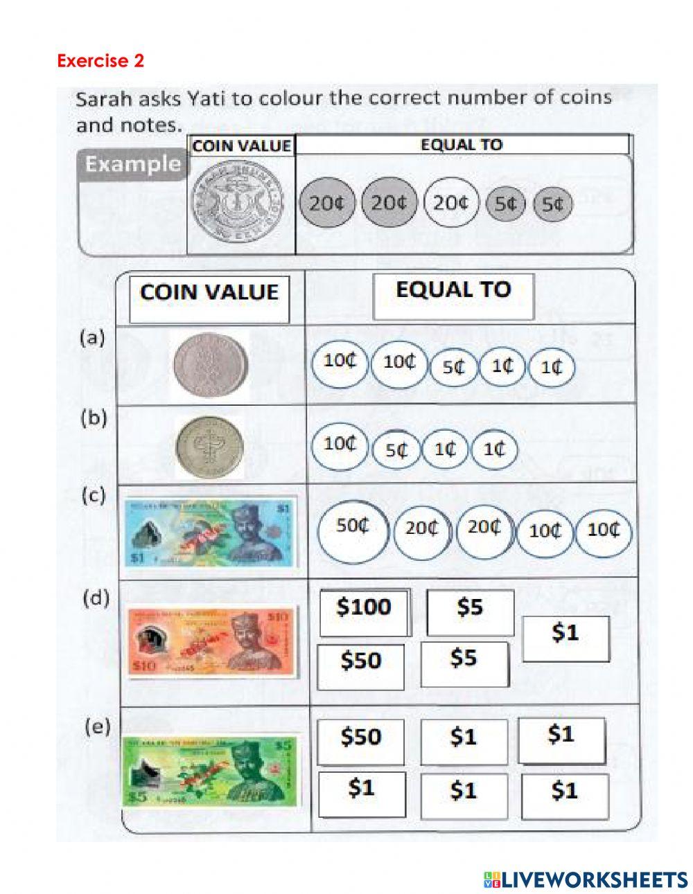 Colour the correct number of coins and notes that make up that money