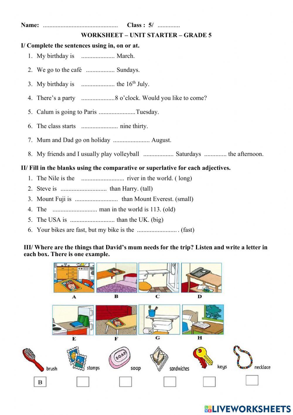 Worksheet 1 - unit starter - grade 5- test 2