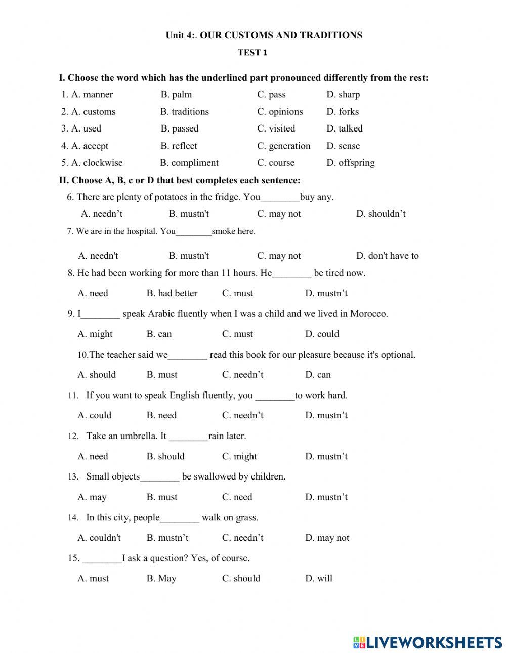 Unit 4 TEST NO 1 GRADE 8