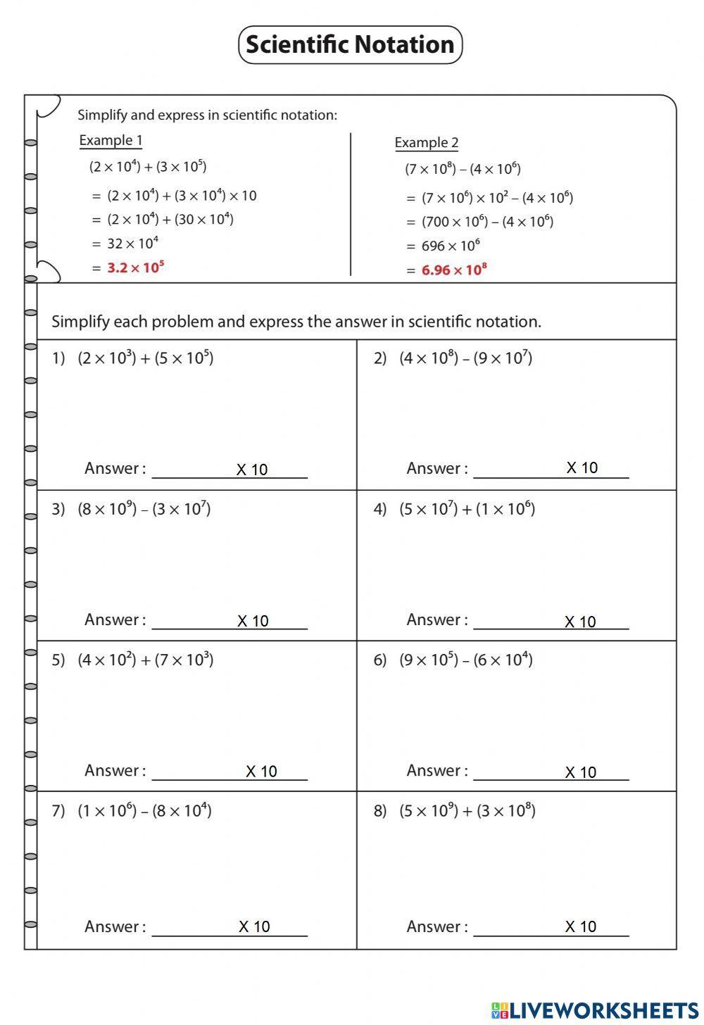 Worksheet 4.7 Add-Subtract Scientific Notation