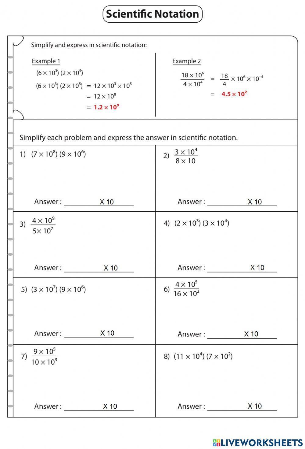 Worksheet 4.8 Multiply-Divide Scientific Notation