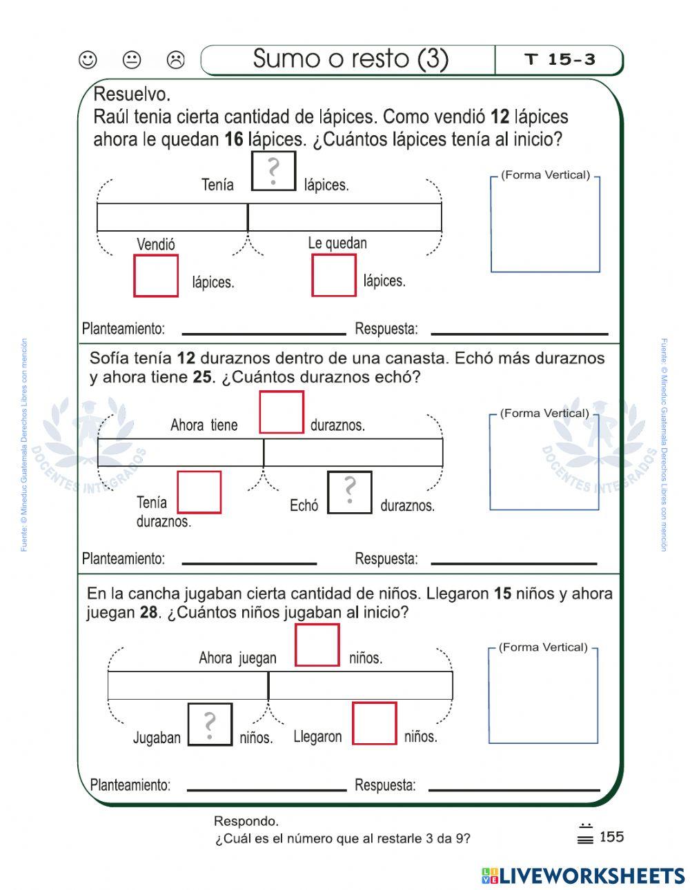 Matemáticas Mineduc 2do Primaria - p. 155 - Sumo o resto - Resuelvo los planteamientos