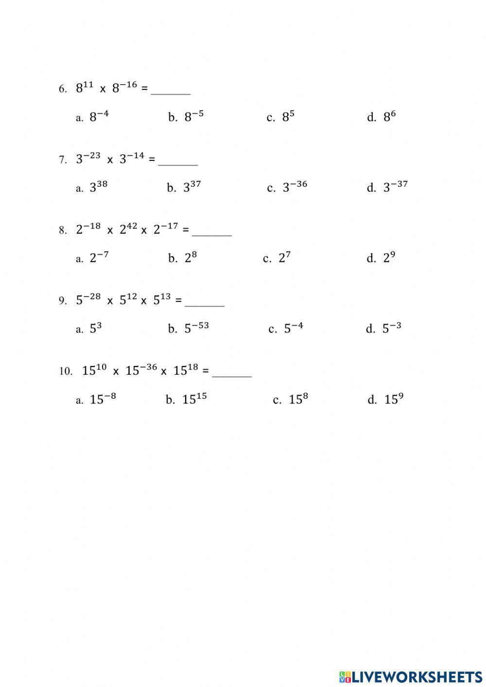 Product Rule (Laws of Exponents) worksheet