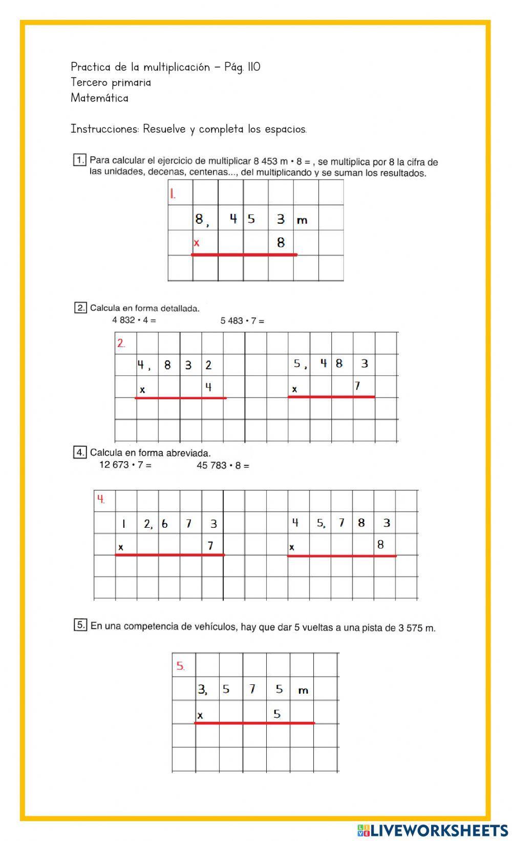 Práctica de la multiplicación - Pág. 110