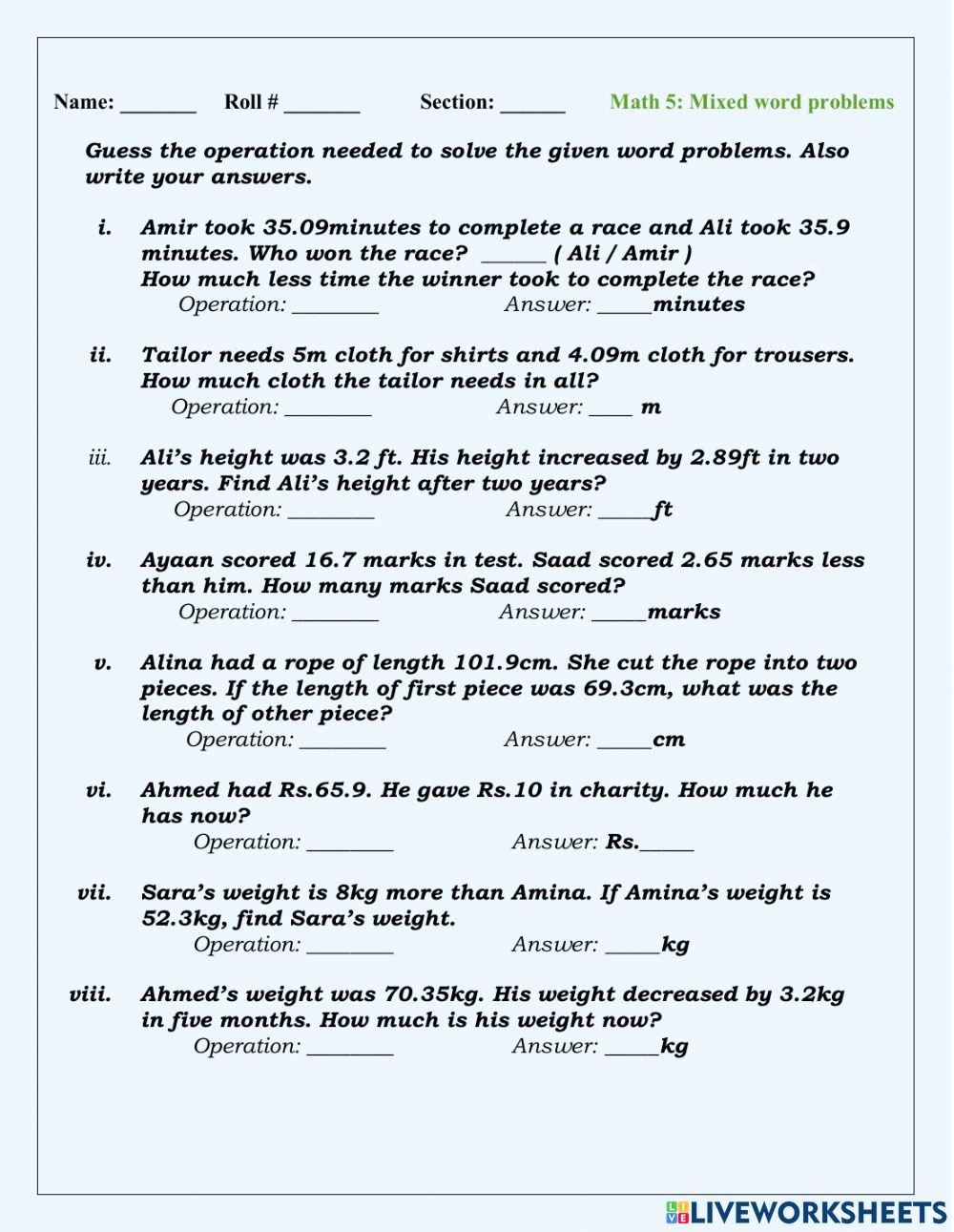 Word Problems of Operations on Decimals