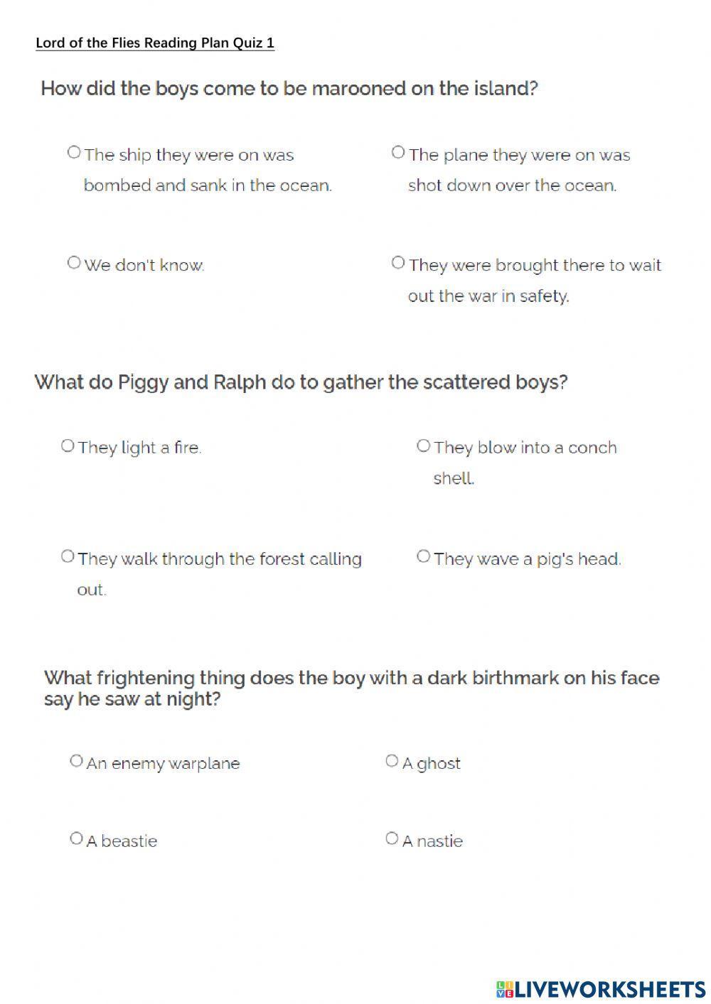 Lord of the Flies Reading Plan Quiz 1