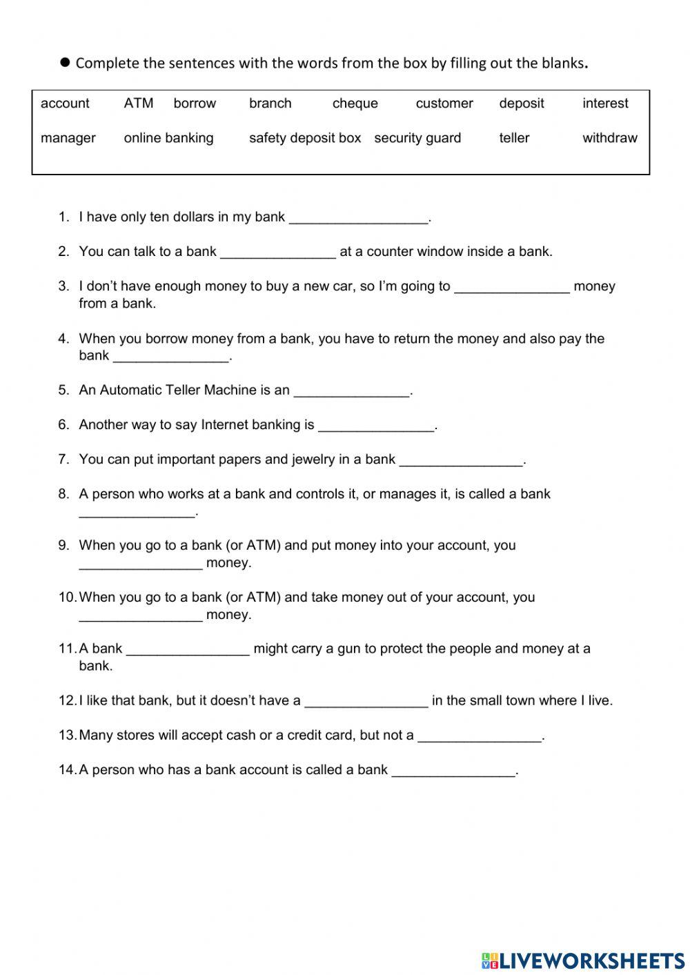 CLB 3-Banking Vocabulary-Skill Building Worksheet