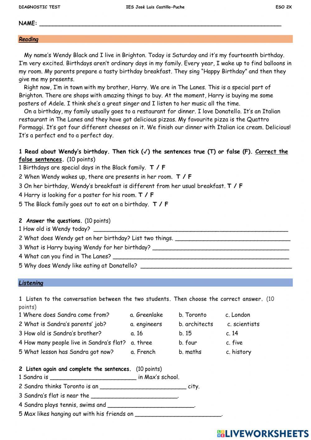 E2X DIAGNOSTIC TEST: reading and listening
