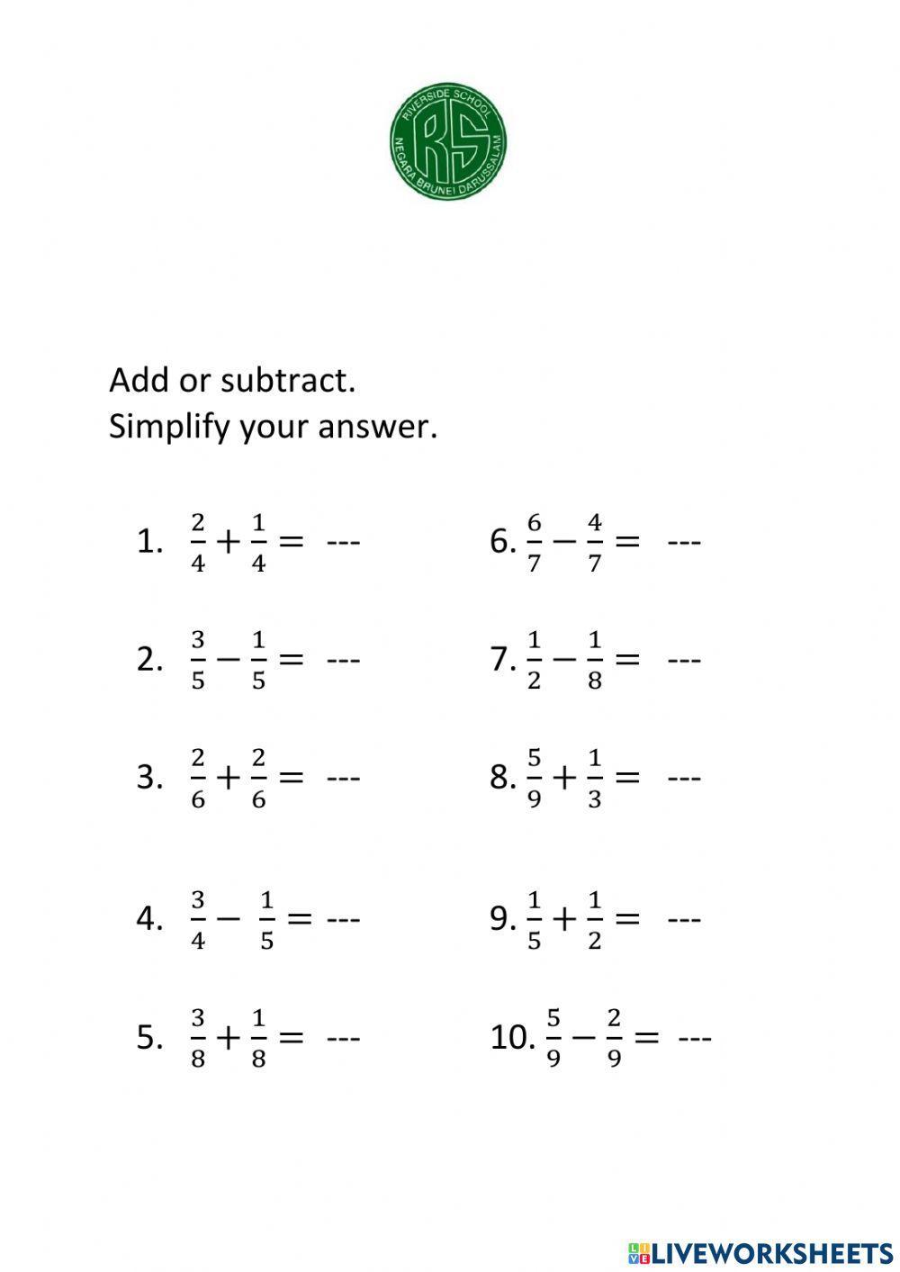 Adding or subtracting fraction. Simplify your answer.