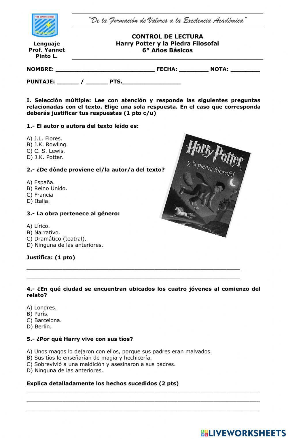 Control de lectura -Harry Potter y la piedra filosofal