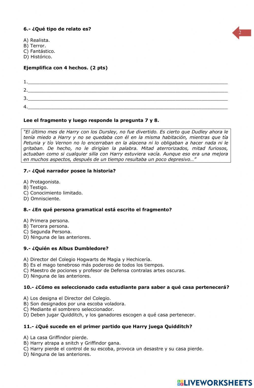 Control de lectura -Harry Potter y la piedra filosofal