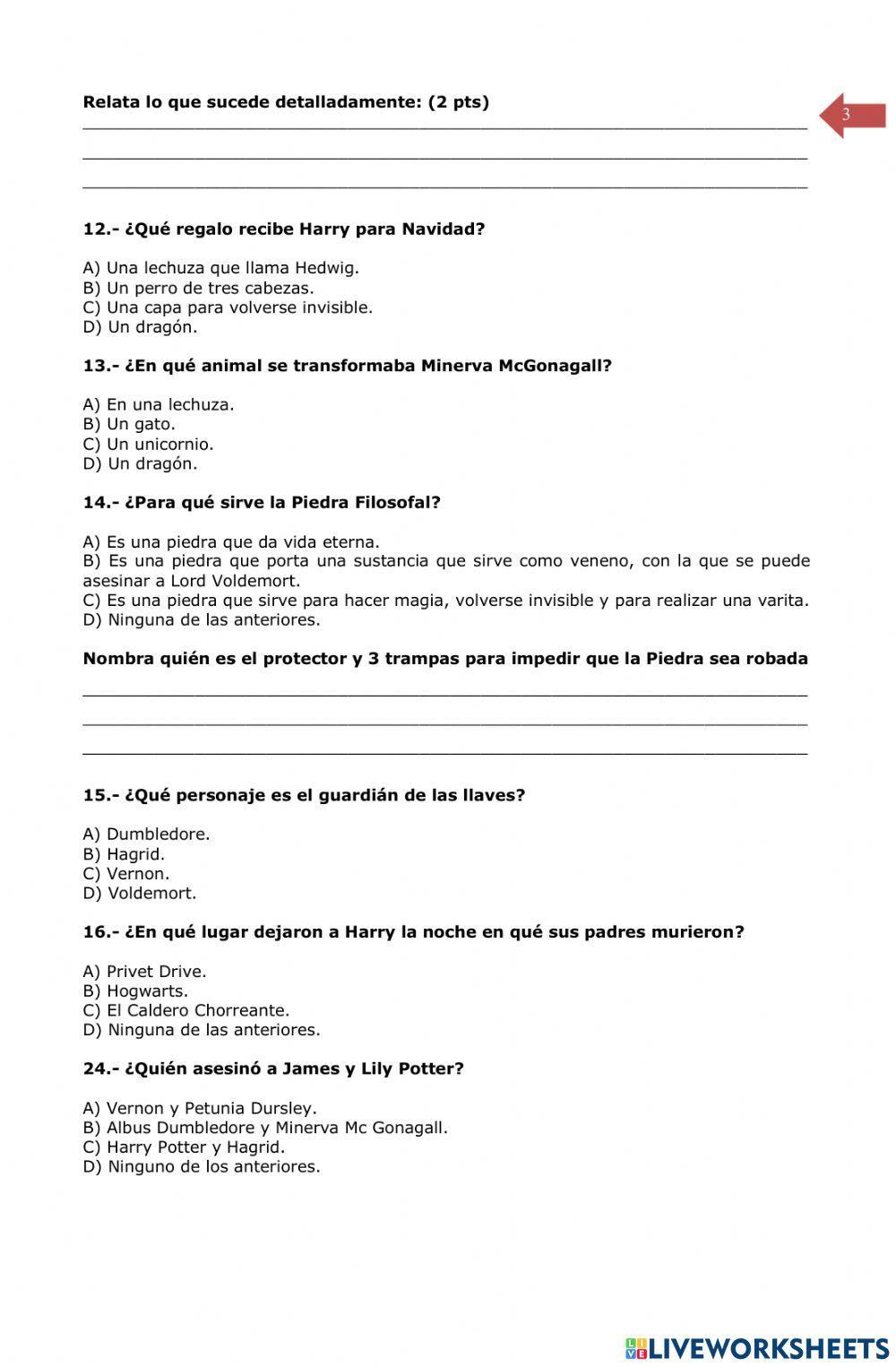 Control de lectura -Harry Potter y la piedra filosofal