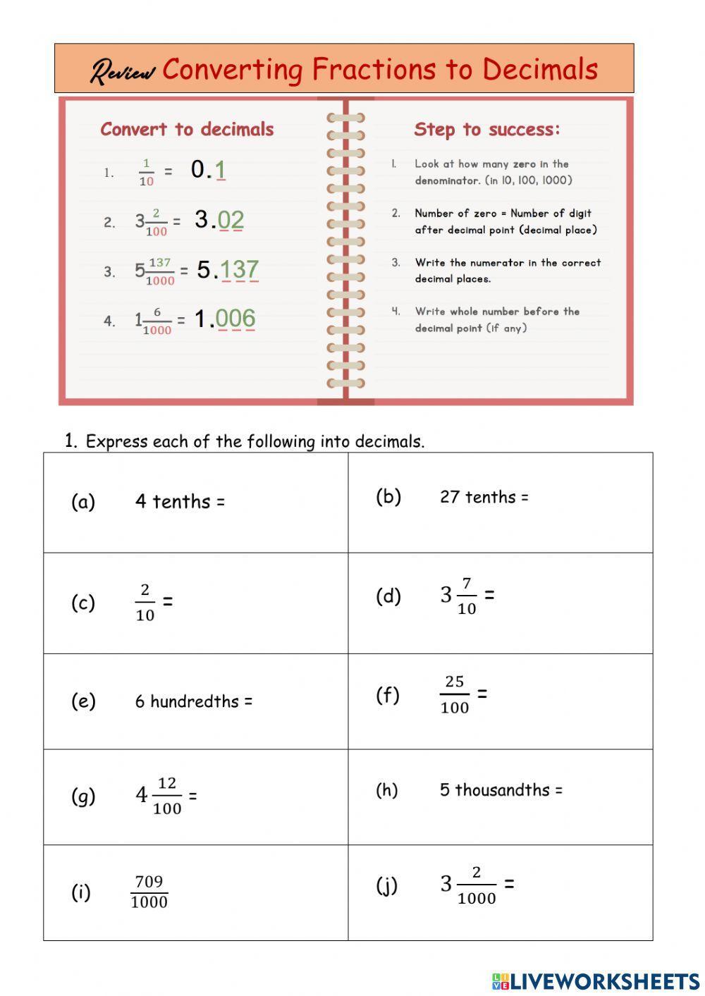 Review convert fractions to decimals
