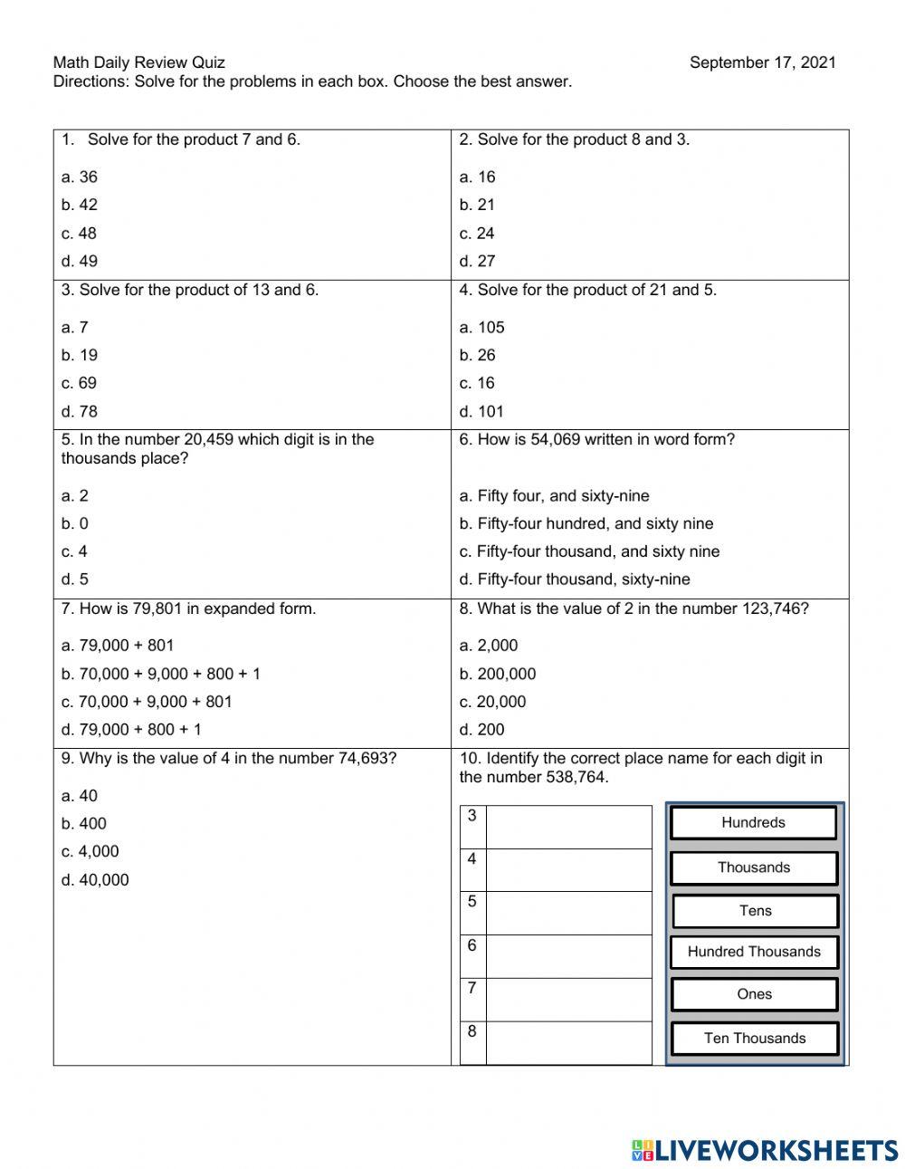 Week 2 Math Daily Review Quiz