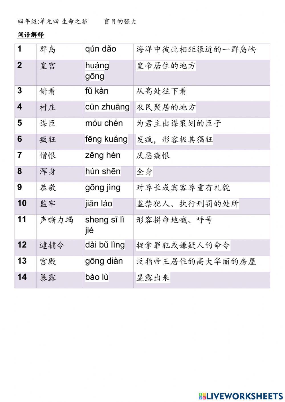 第17课《盲目的强大》词语解释及词语填充