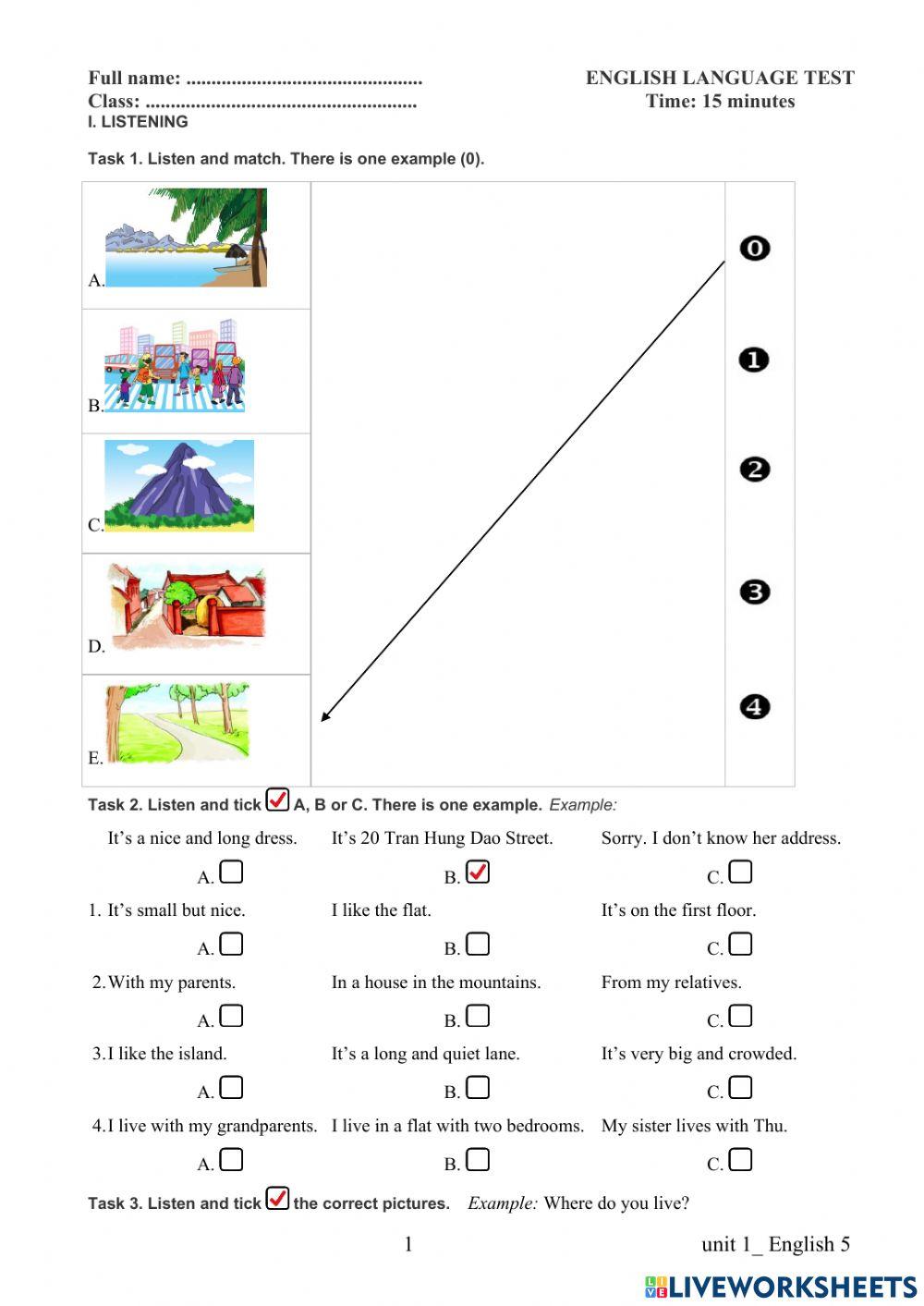 Tieng anh 5 unit 1 trang 1 2 online exercise for live worksheets