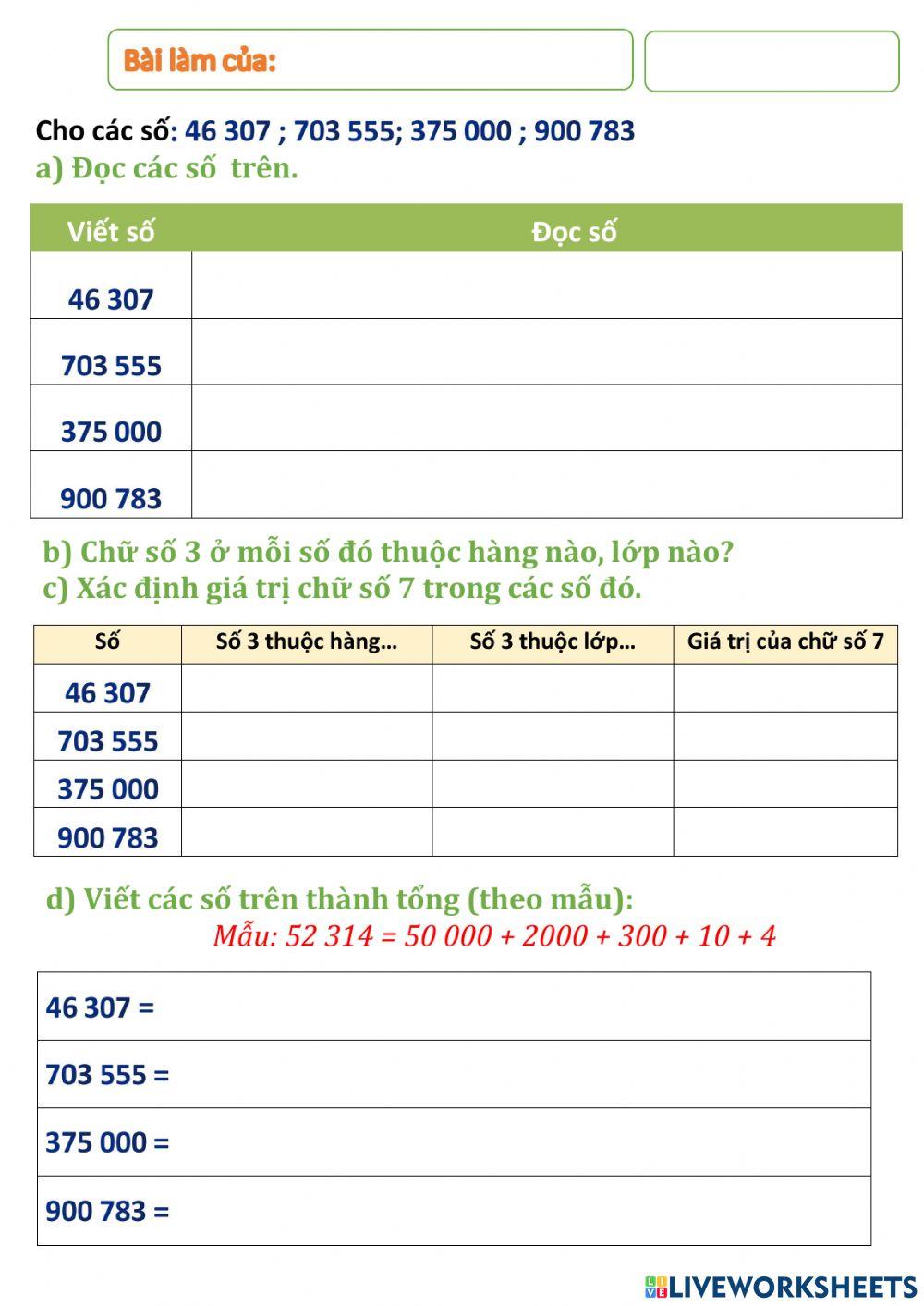 Đọc - Viết số có sáu chữ số