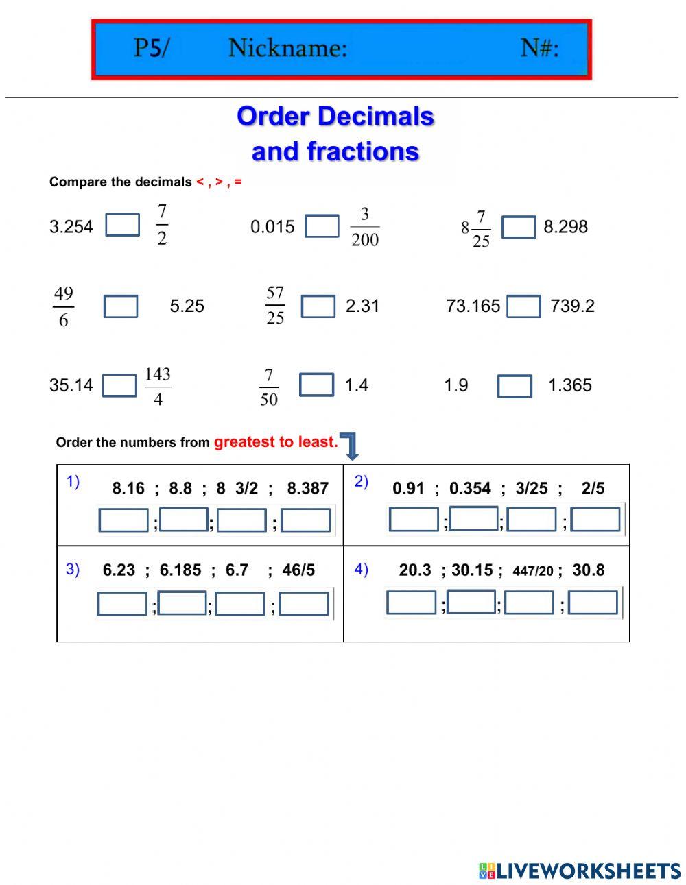 Compare order decimals and fractions