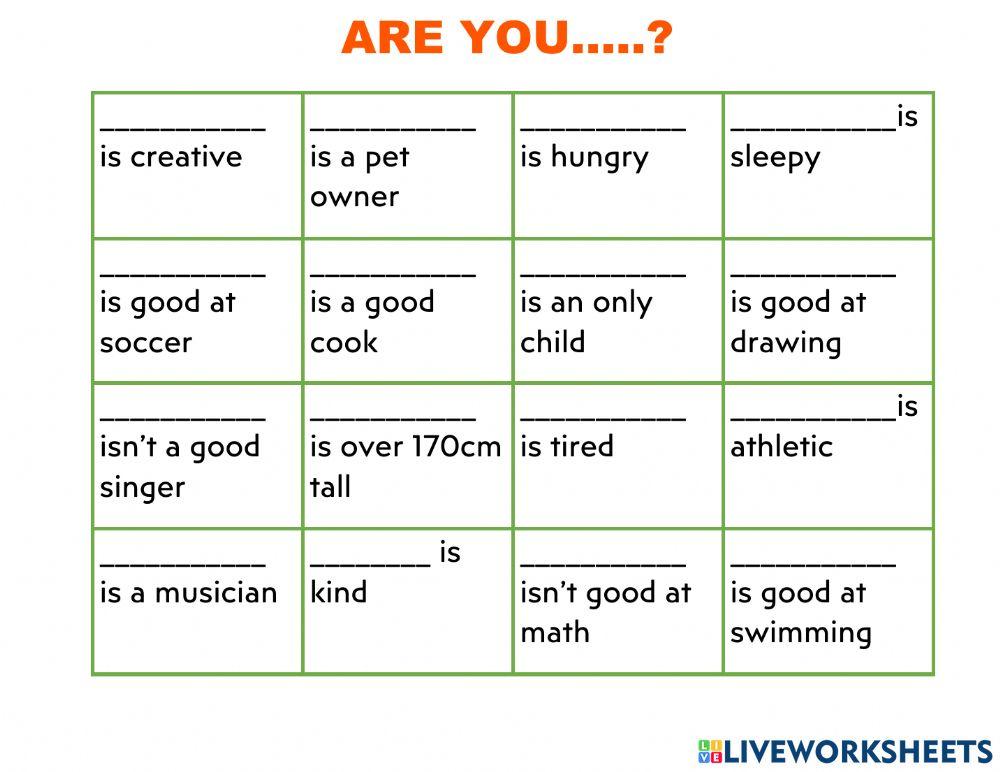 Verb to be - Questions Bingo