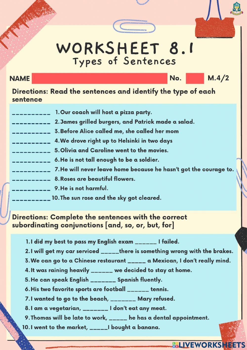 Worksheet 8.1 Types of Sentences