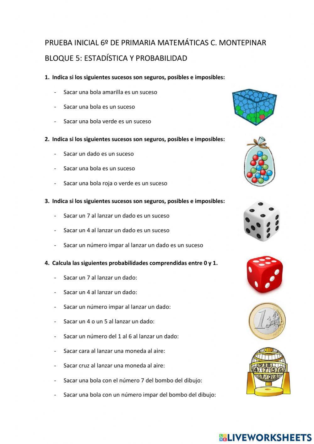 Prueba inicial  6º Primaria Matemáticas C.Montepinar  Bloque 5 Estadística y probabilidad