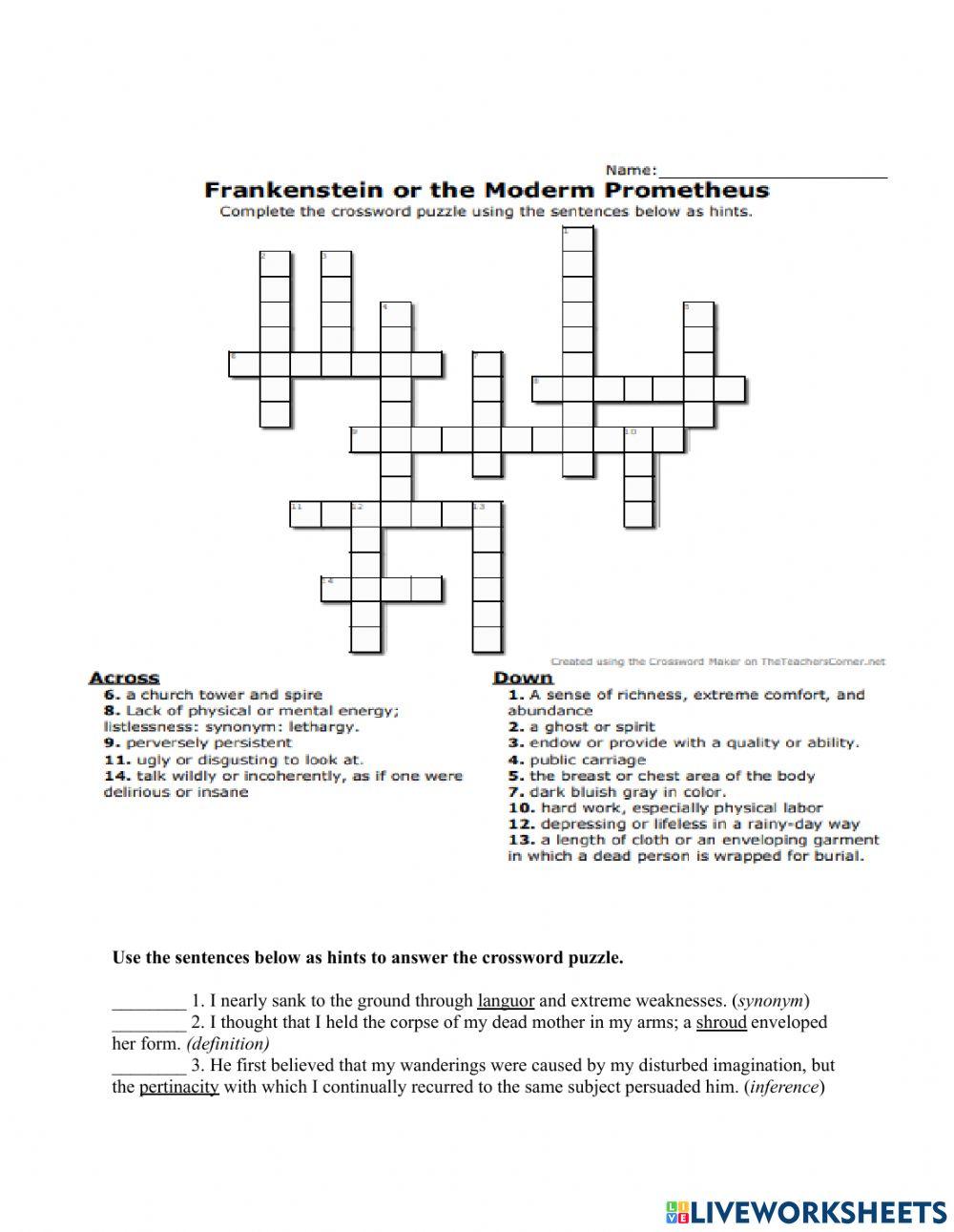 Crossword Puzzle for Frankenstein
