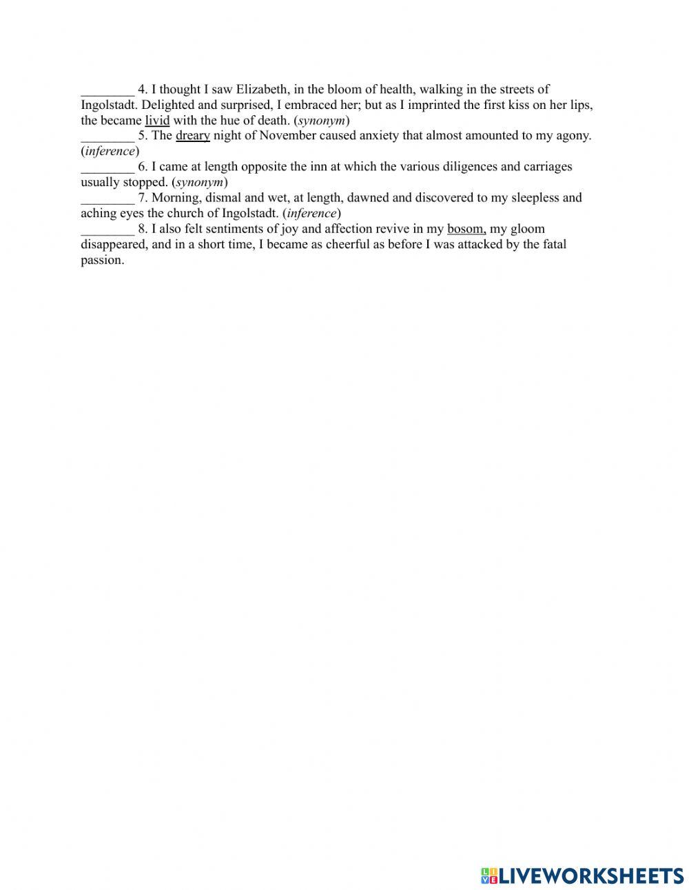 Crossword Puzzle for Frankenstein interactive worksheet Live Worksheets