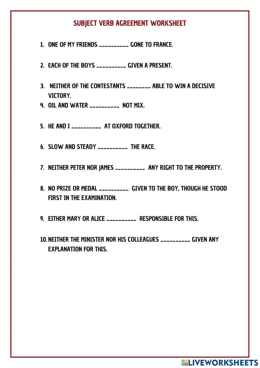 Subject verb agreement worksheet worksheet | Live Worksheets