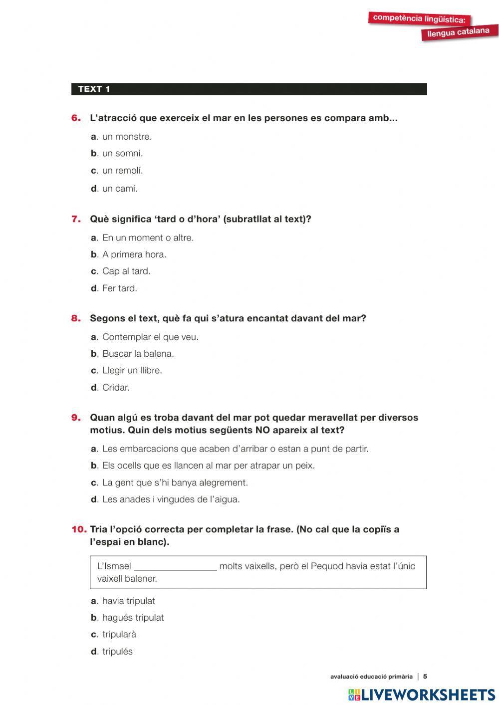 Prova inicial comprensió lectora català 6è C.B. 2014