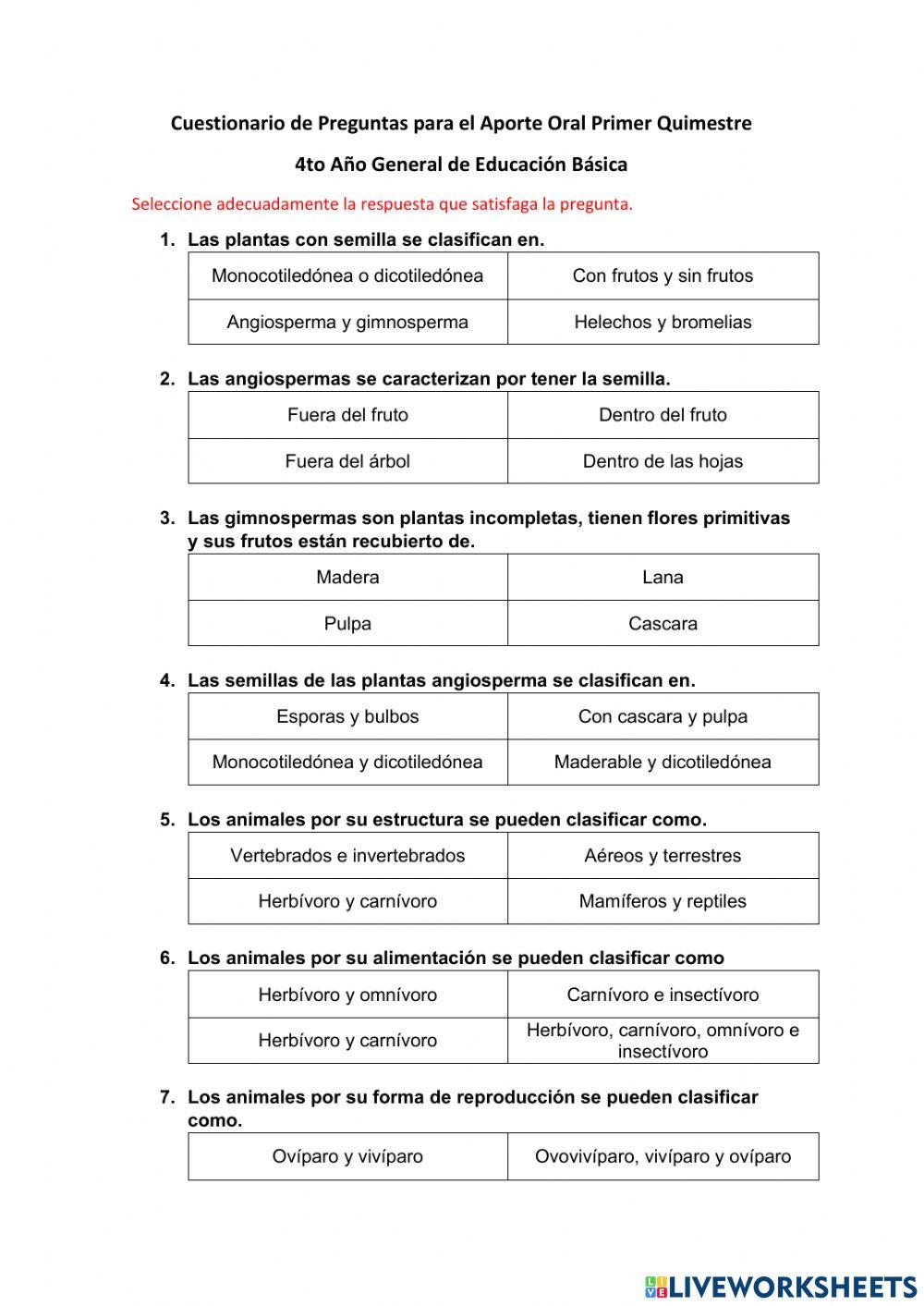 Cuestionario 1er Quimestre 4to EGB