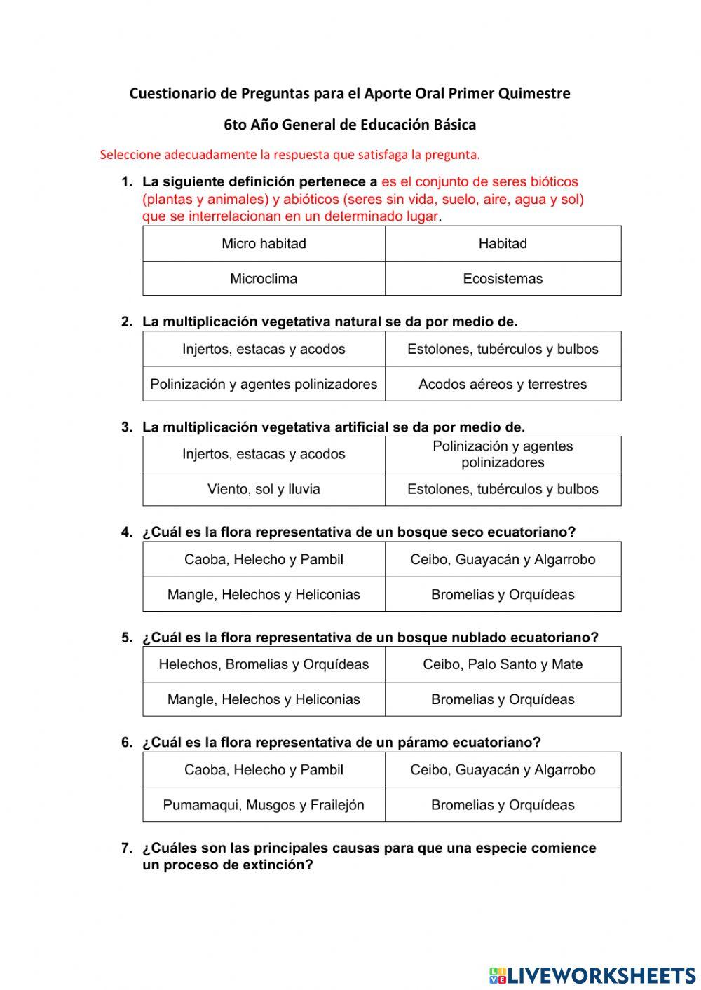Cuestionario 1er Quimestre 6to EGB