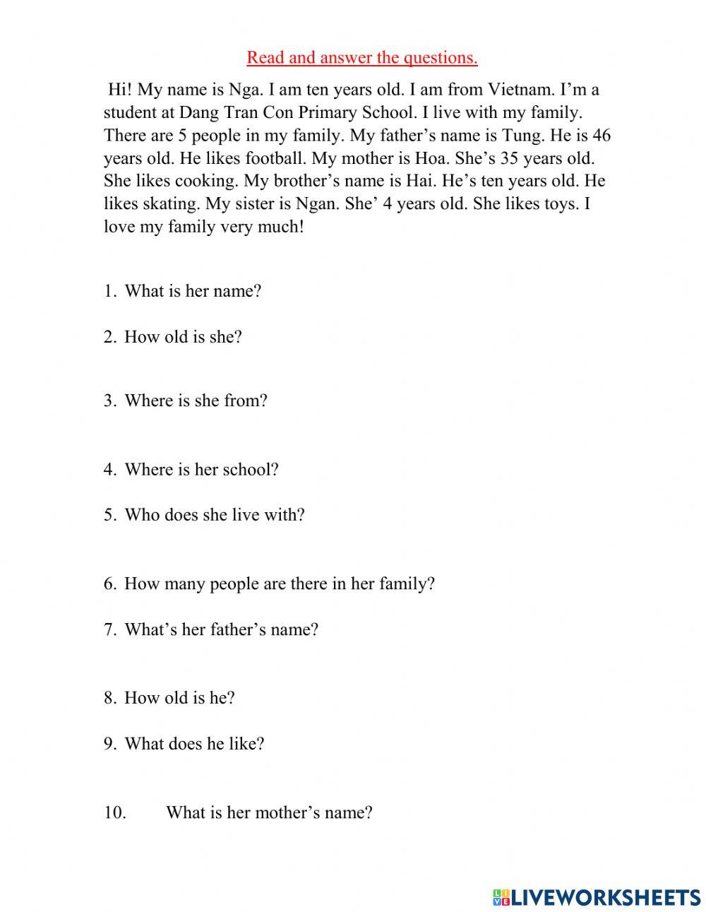 Read and answer the questions. worksheet | Live Worksheets