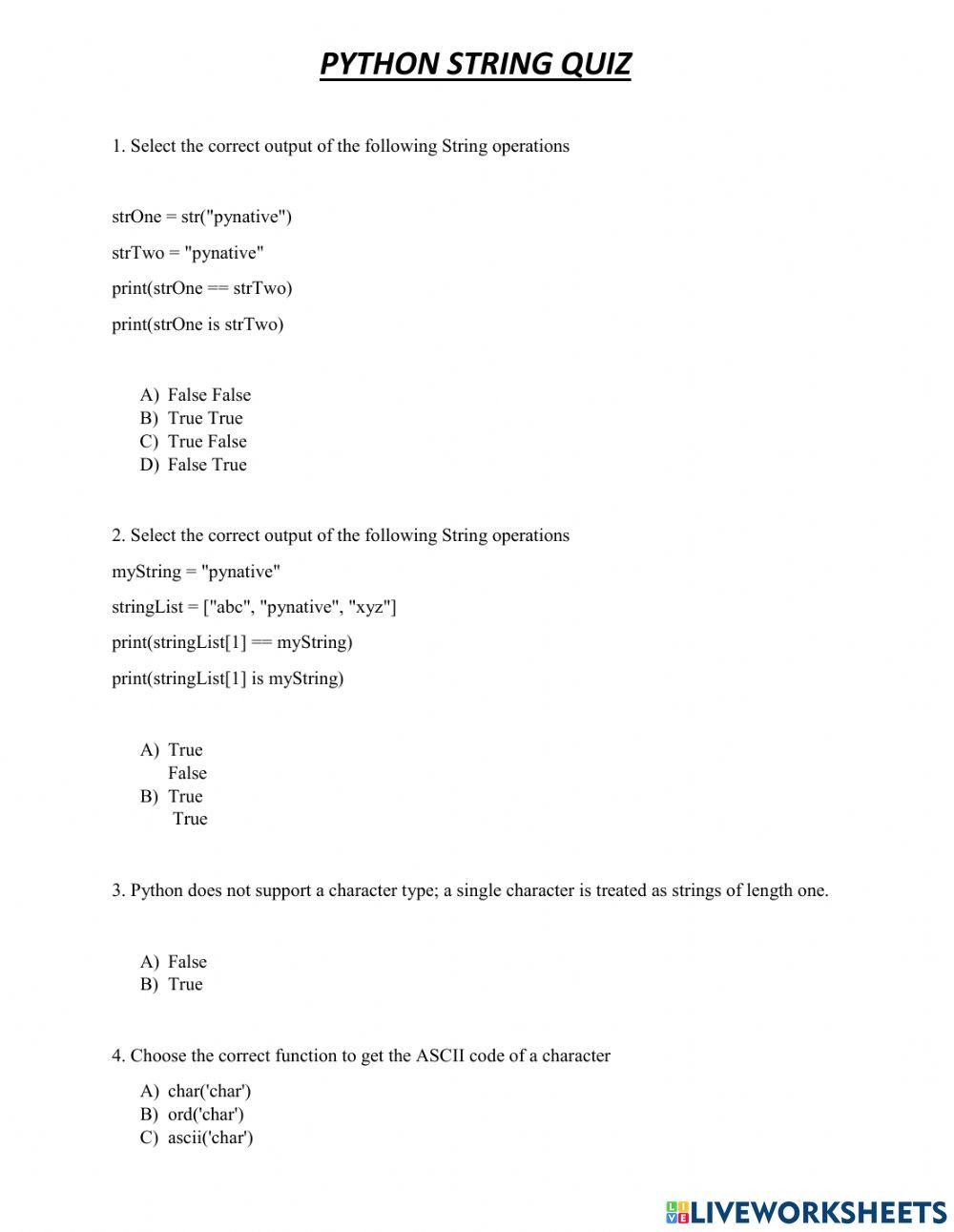Python String Quiz online exercise for | Live Worksheets