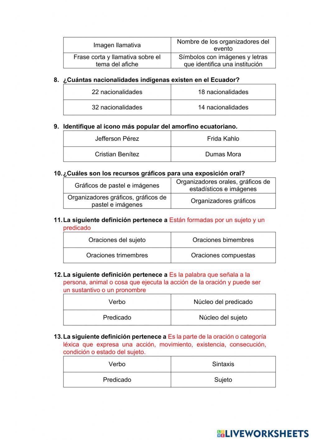 Cuestionario 1er Quimestre 6to EGB Lenguaje