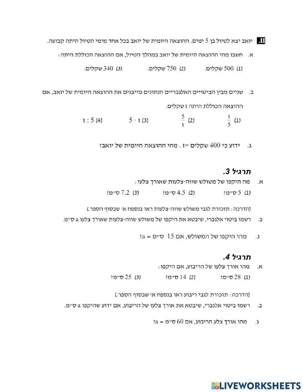 משתנים וביטויים אלגבריים