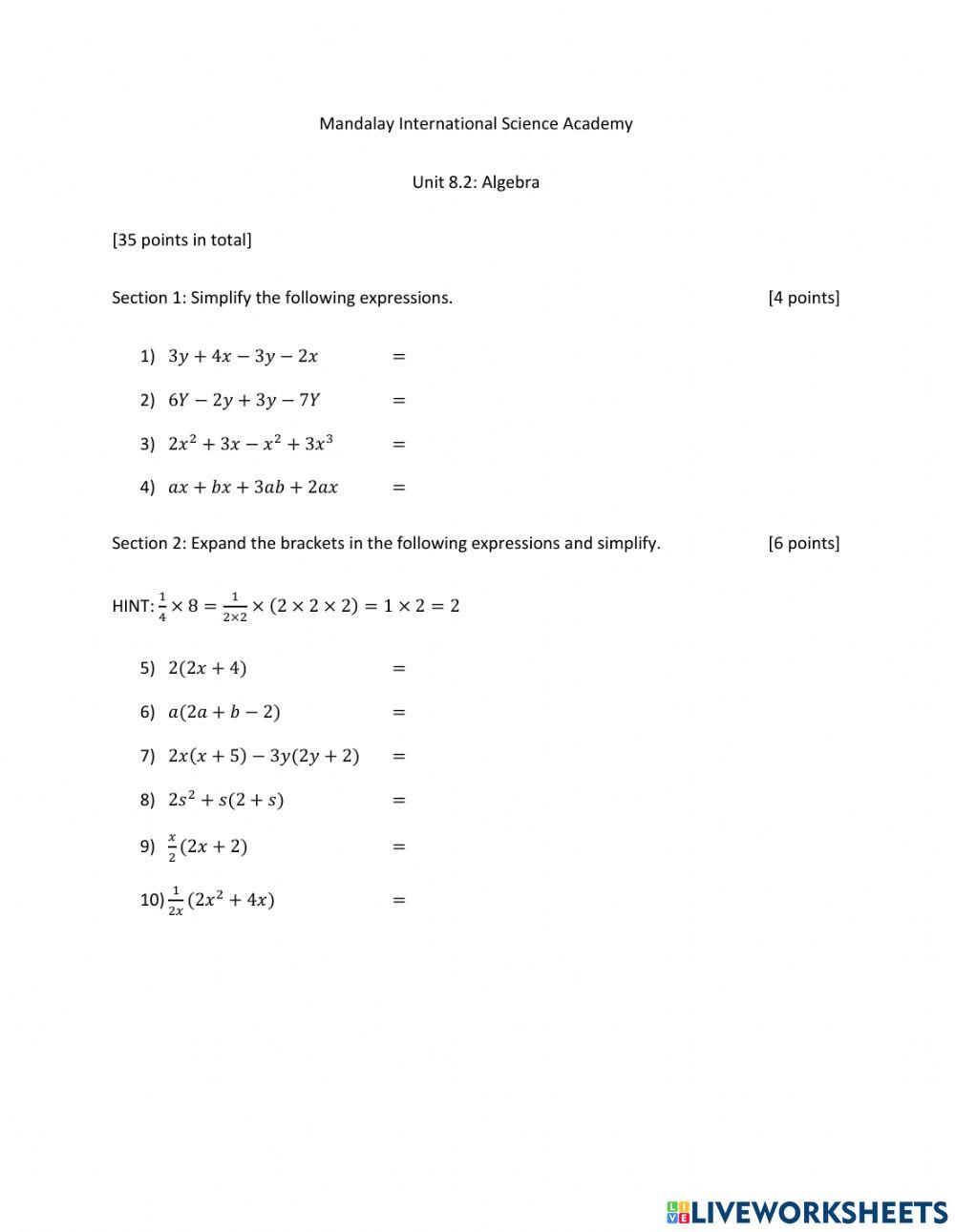 Unit 8.2 Algebra Quiz