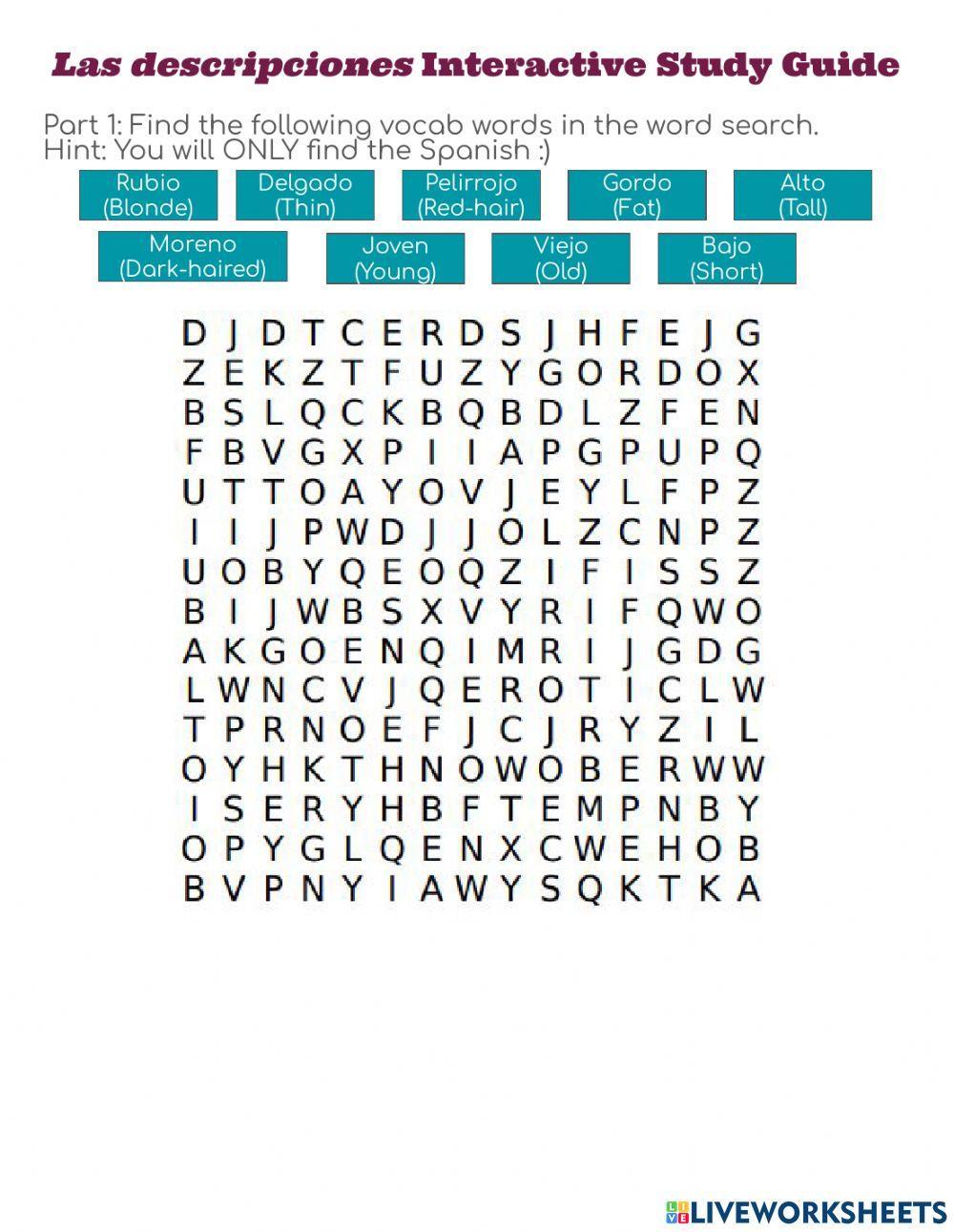 Study Guide Descriptions in Spanish worksheet | Live Worksheets study-guide-descriptions-in-spanish-worksheet-live-worksheets