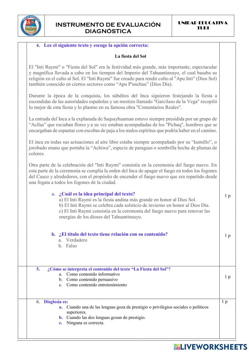 Prueba de diagnóstico de Lengua y Literatura