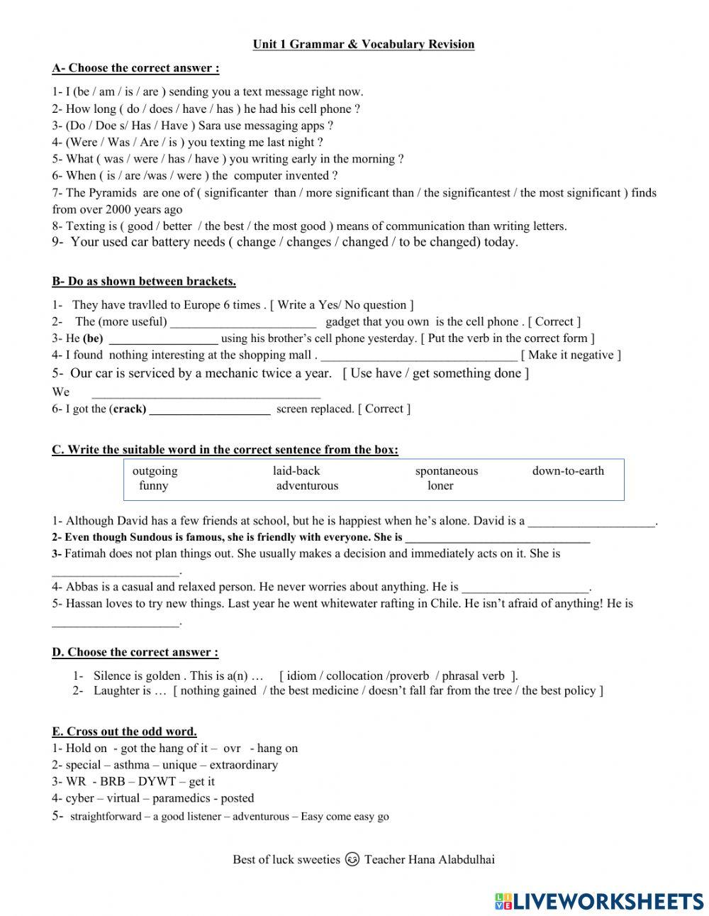 MG3 Unit 1 Grammar & Vocabulary Exercise