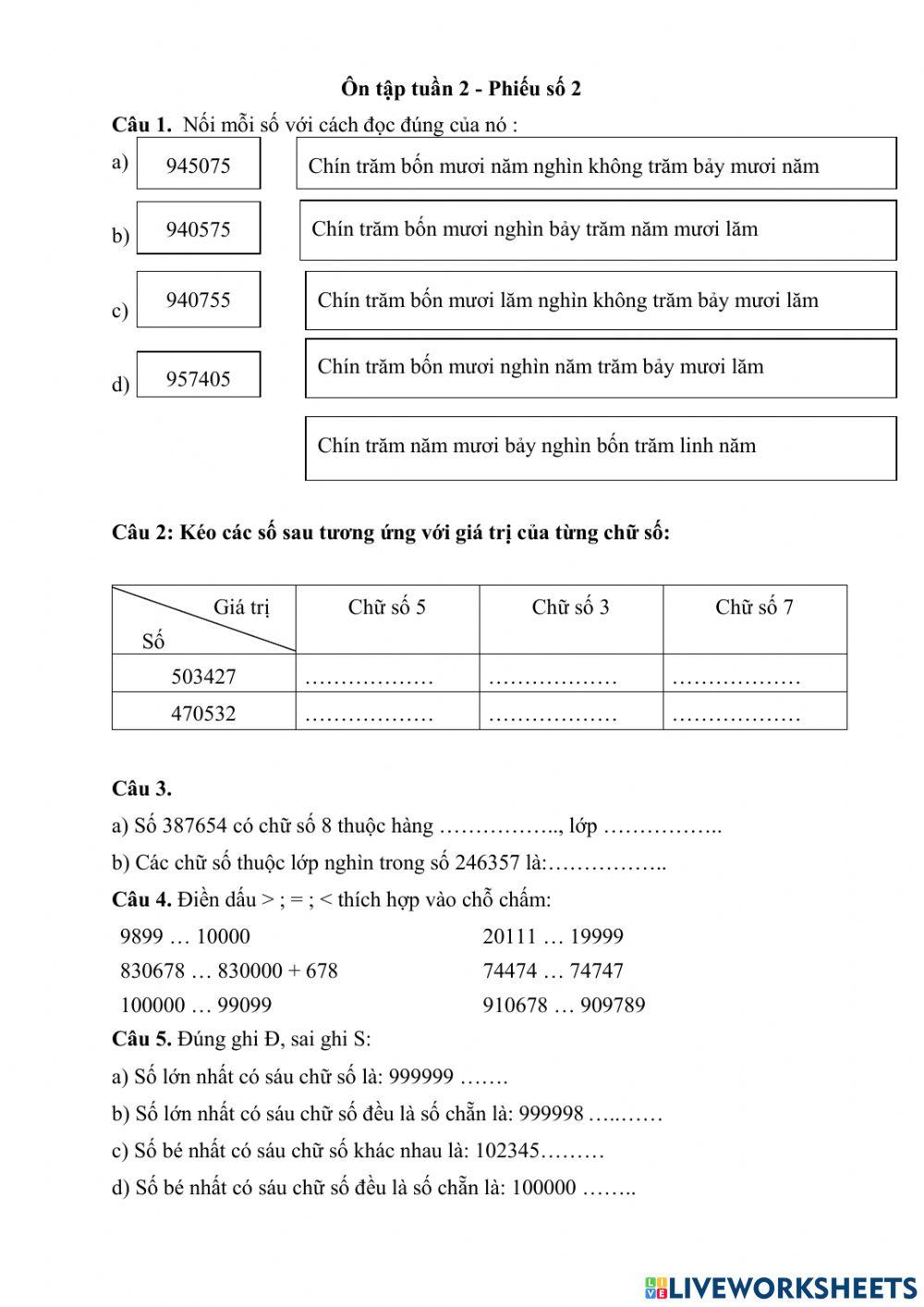 Phiếu Toán 4 - tuần 2