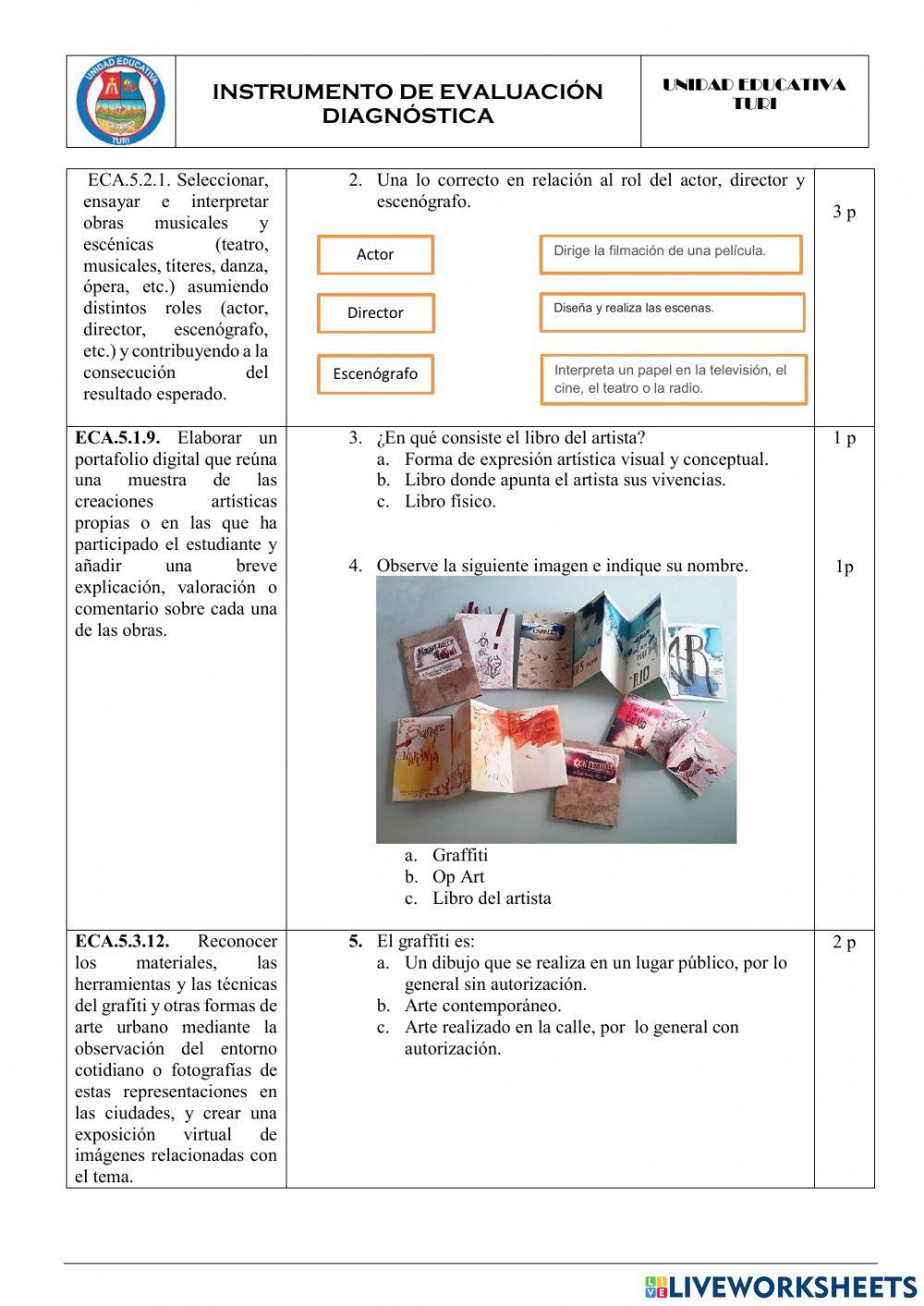 Prueba de diagnóstico de Educación Cultural Artística
