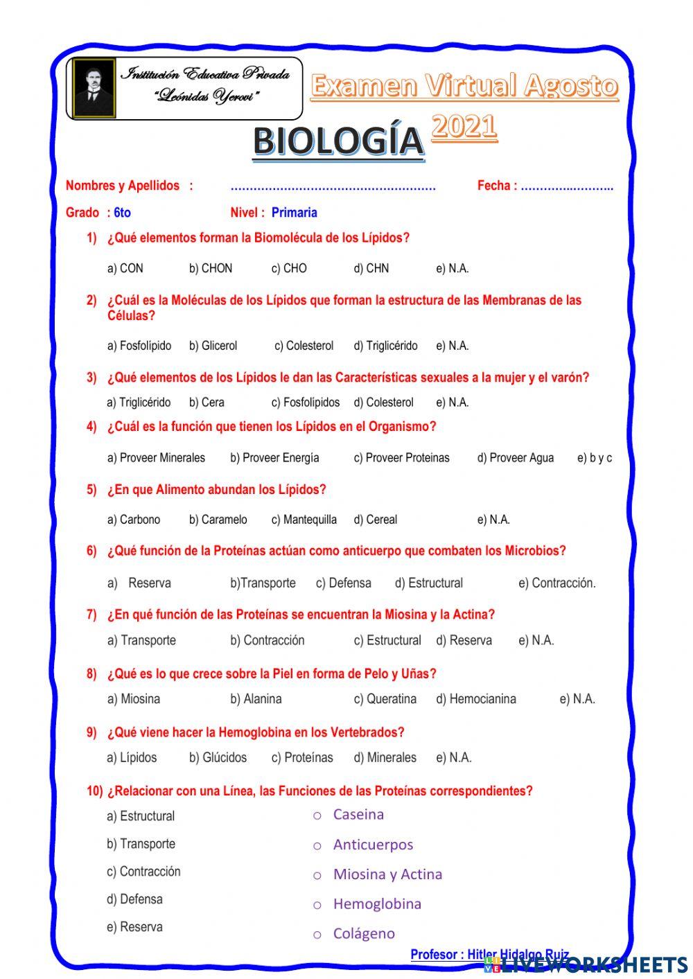 Examen de Biologia 6to Prim