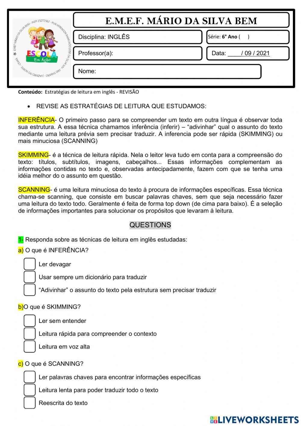 6° ano - INGLÊS - 16-09-21