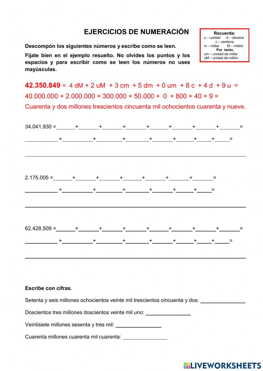 Ejercicios de numeración natural