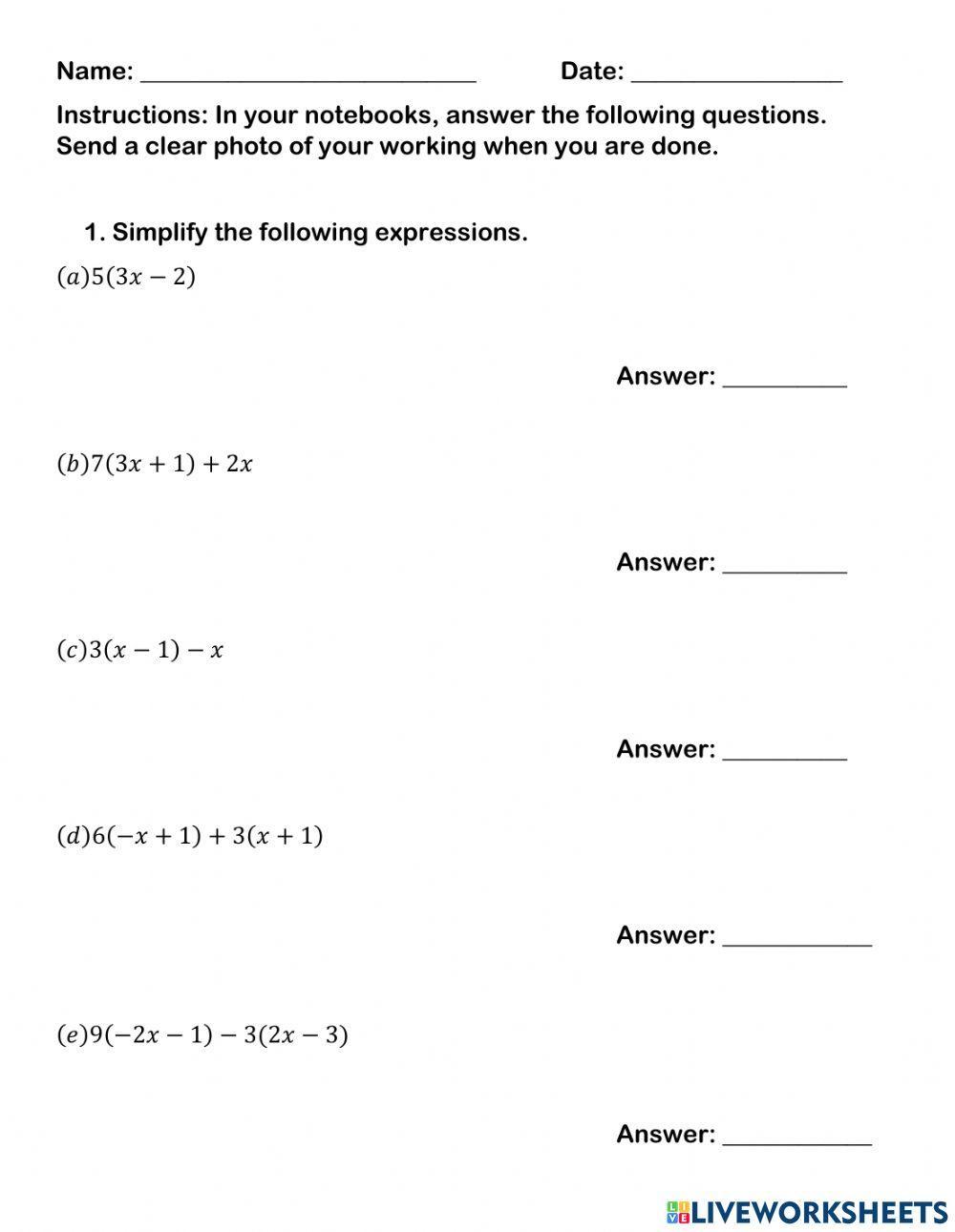 Simplify Algebraic Expression Worksheet Live Worksheets