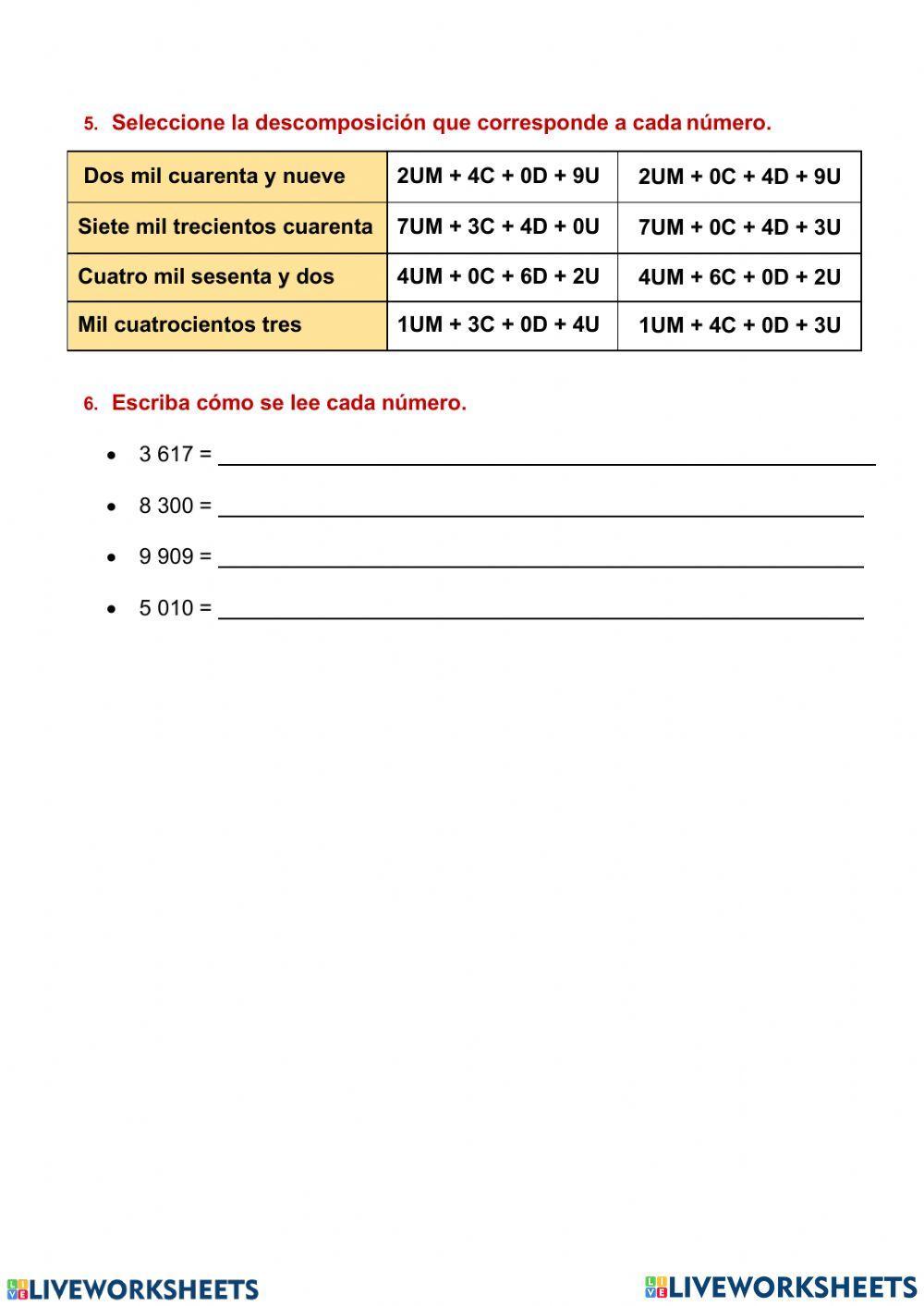 Valor posicional de números naturales hasta seis cifras