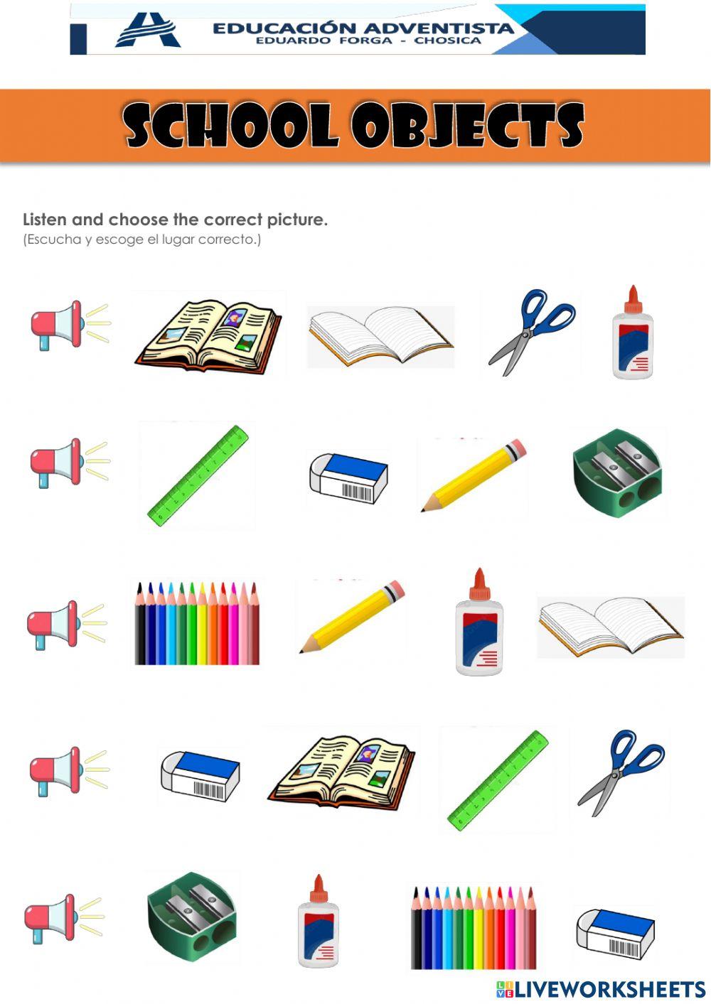 School objects online exercise for Primary | Live Worksheets